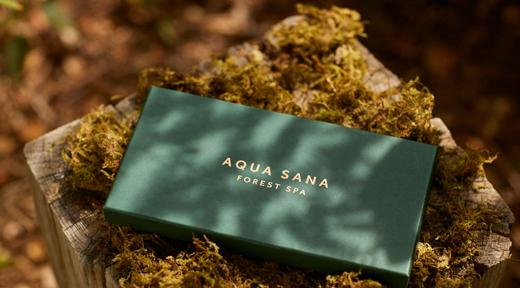 Green Aqua Sana Forest Spa gift voucher box resting on moss covering a wooden tree stump in the forest