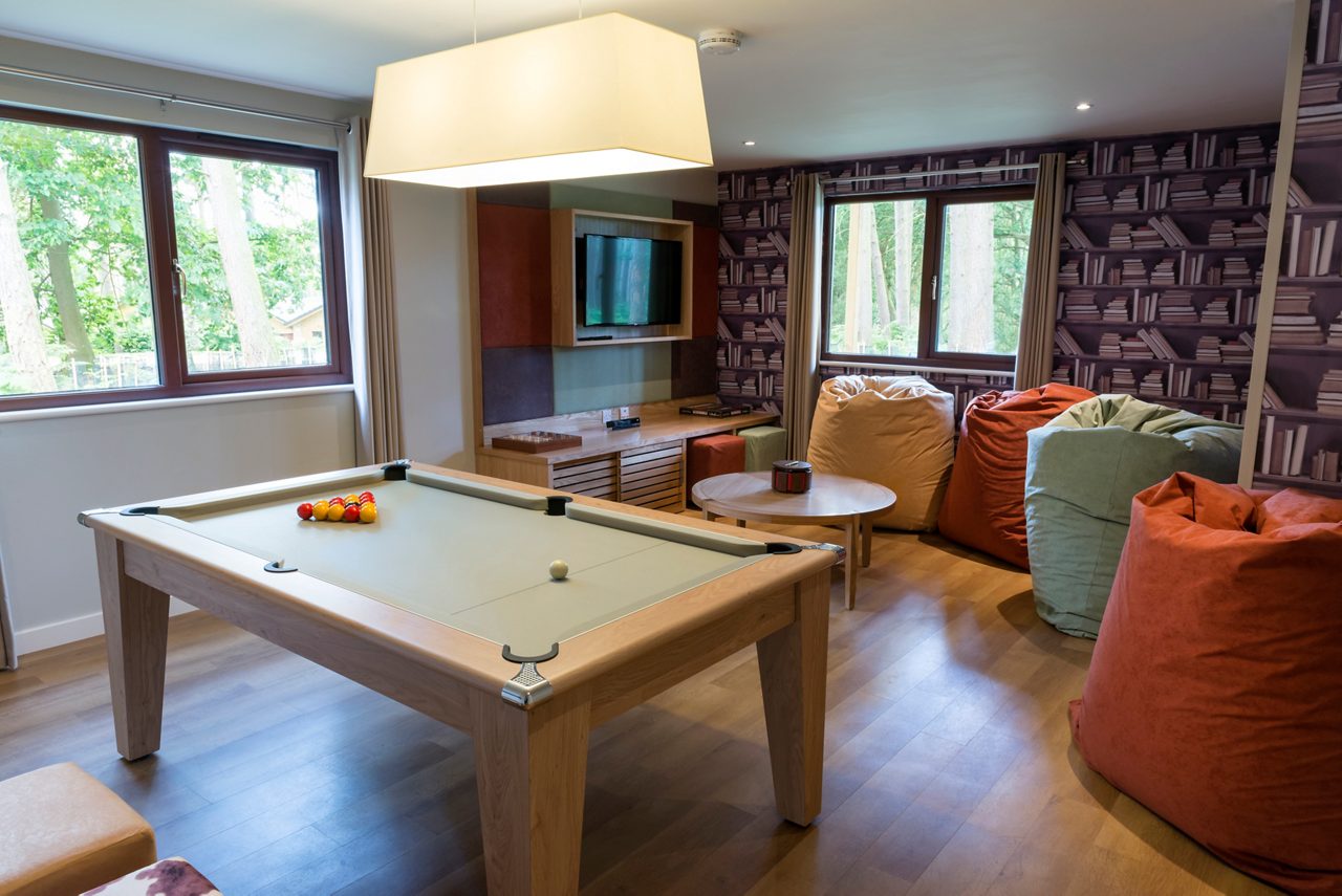 Pool table holds a white cue ball and racked reds, resting under a pendant light, while beanbag chairs surround a low table near a TV and windows facing forest.