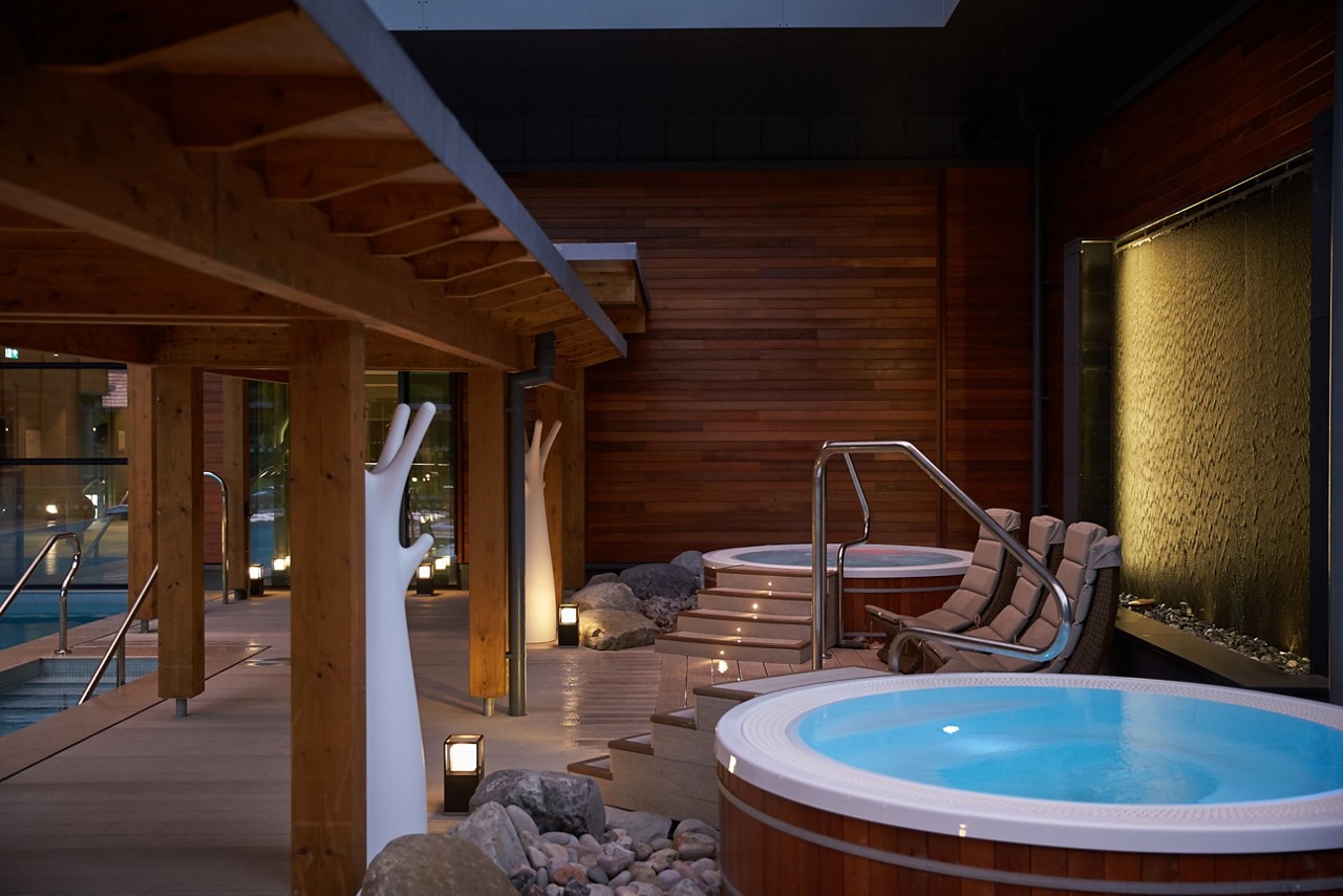 Outdoor hot tubs in the evening. 