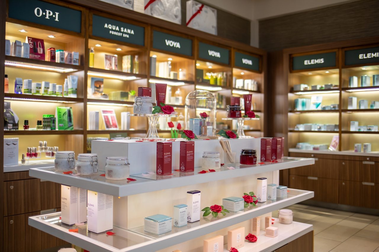Inside the Forest Spa Boutique, stacked with health and wellbeing products.
