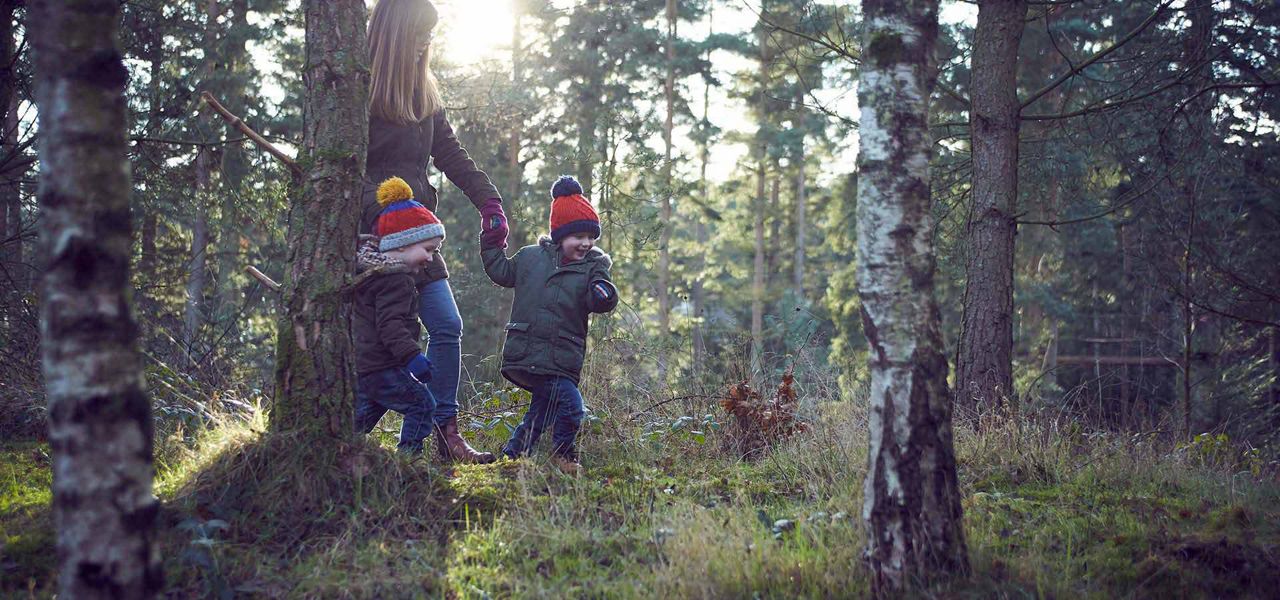 Two little boys wearing winter clothes walking through the forest with their mum 