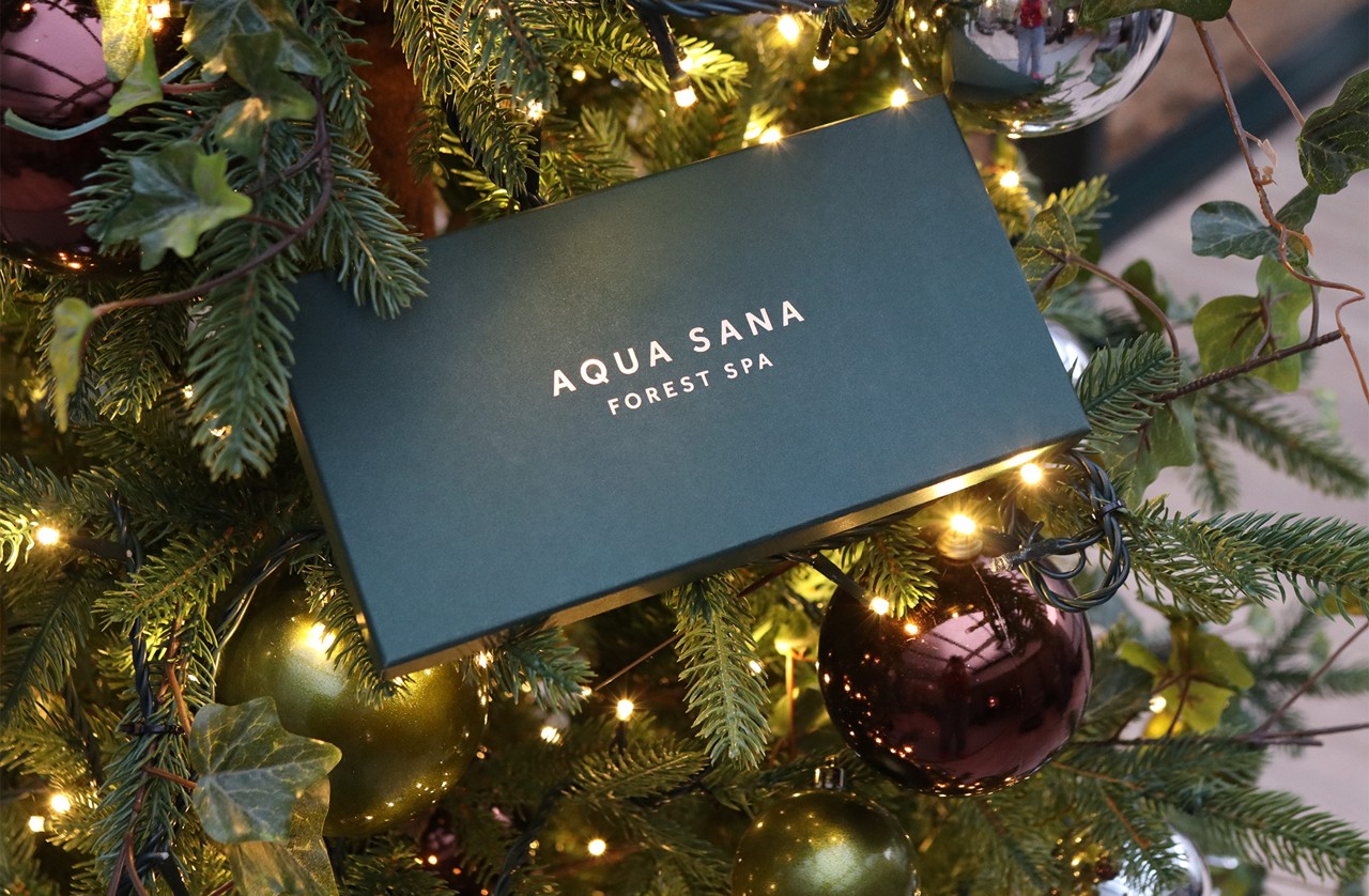 Aqua Sana Forest Spa gift voucher box resting on a Christmas tree.