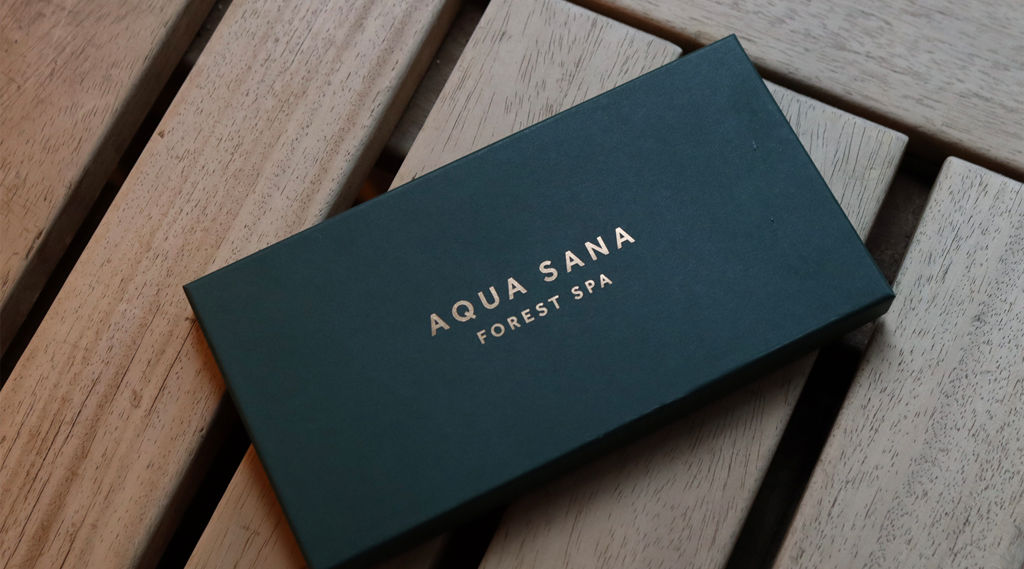Gift Voucher box with the Aqua Sana Forest Spa logo embossed on the top.