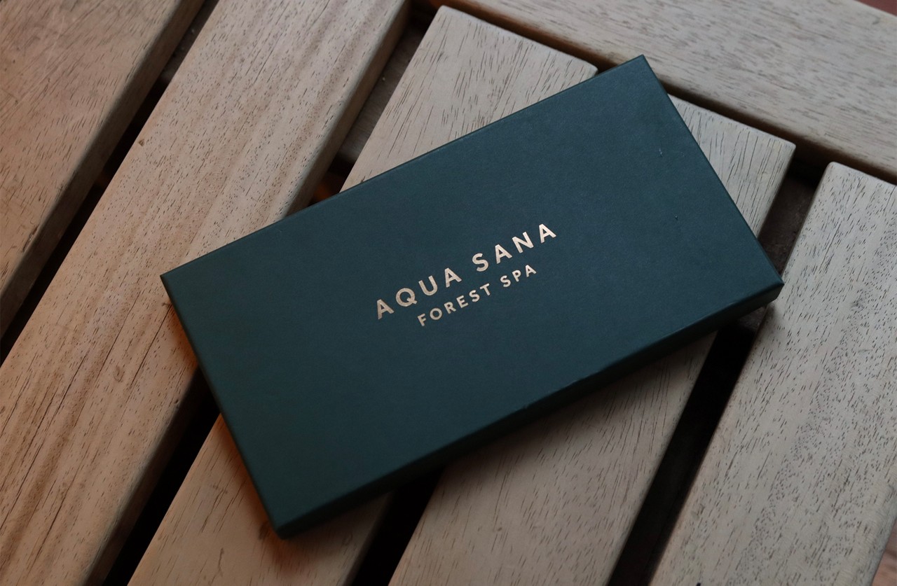 Gift Voucher box with the Aqua Sana Forest Spa logo embossed on the top.