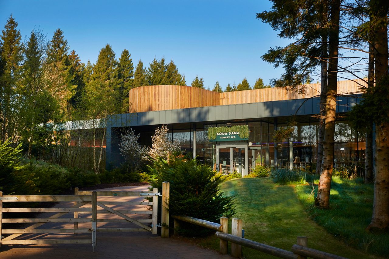 Image of exterior of Longford Aqua Sana Forest Spa building surrounded by forest