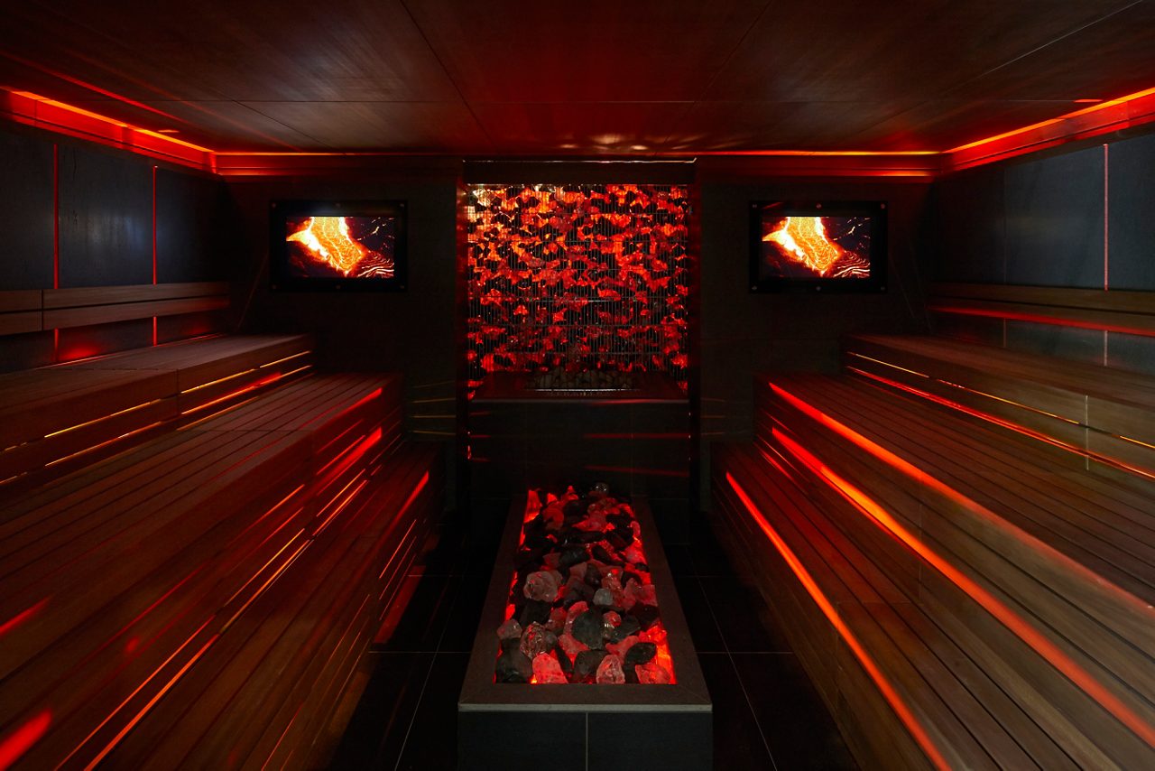 Glowing coals in the fiery heat of the Lava Sauna.