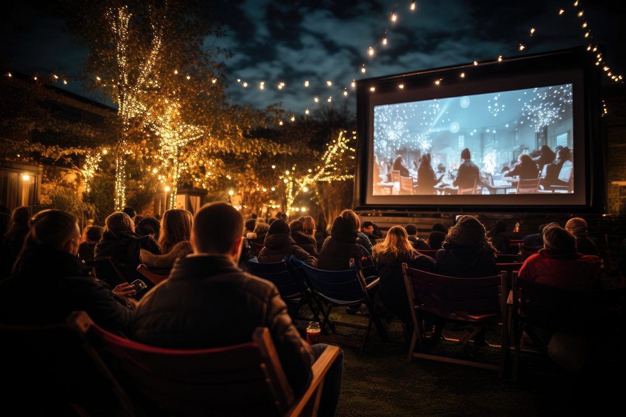 People sat outdoors watching an outdoor cinema screen at night. 