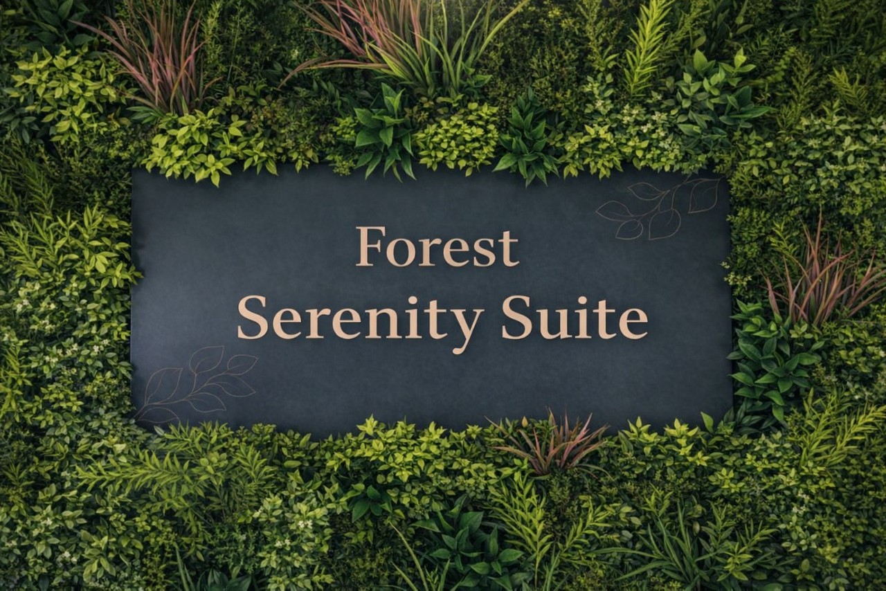 A sign on a foliage background reading Forest Serenity Suite.