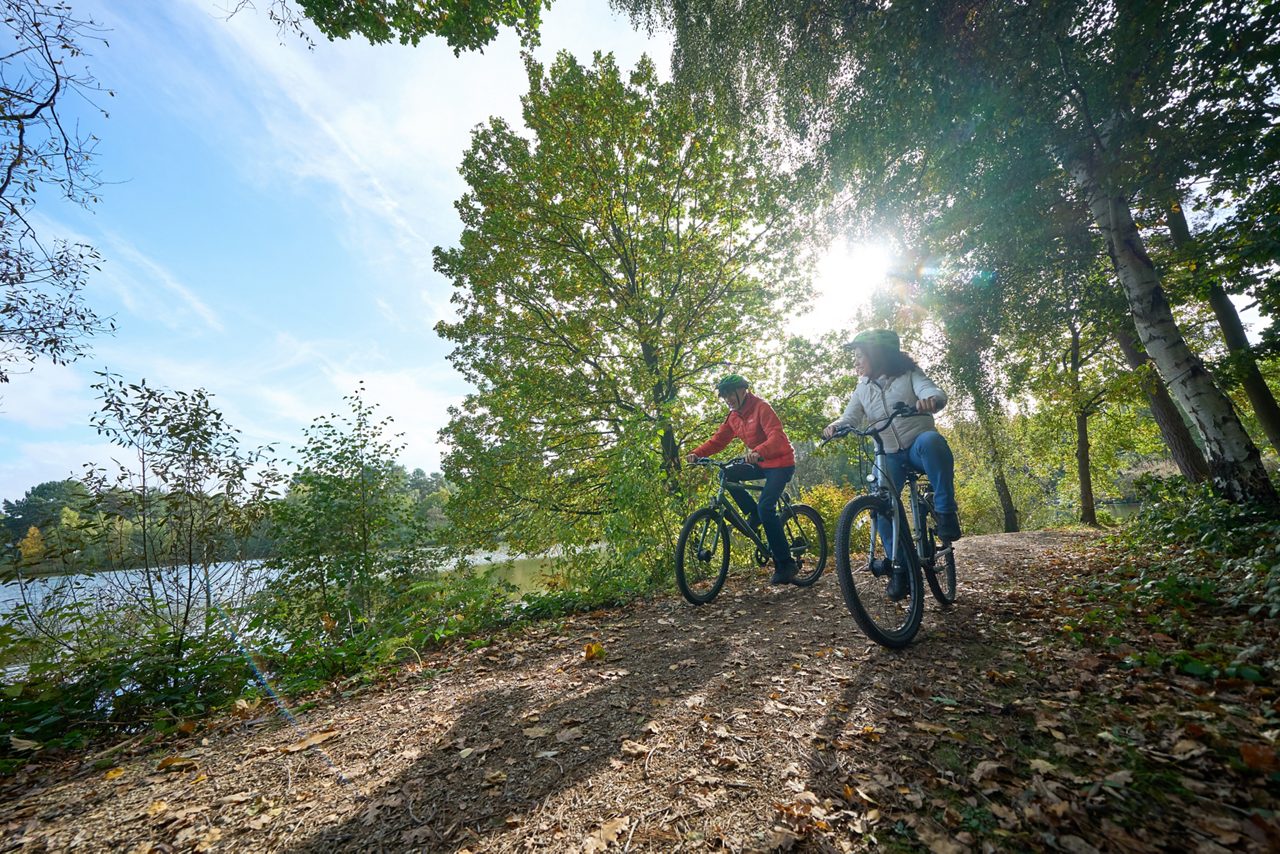 Brother and sister cycling in the forest together.