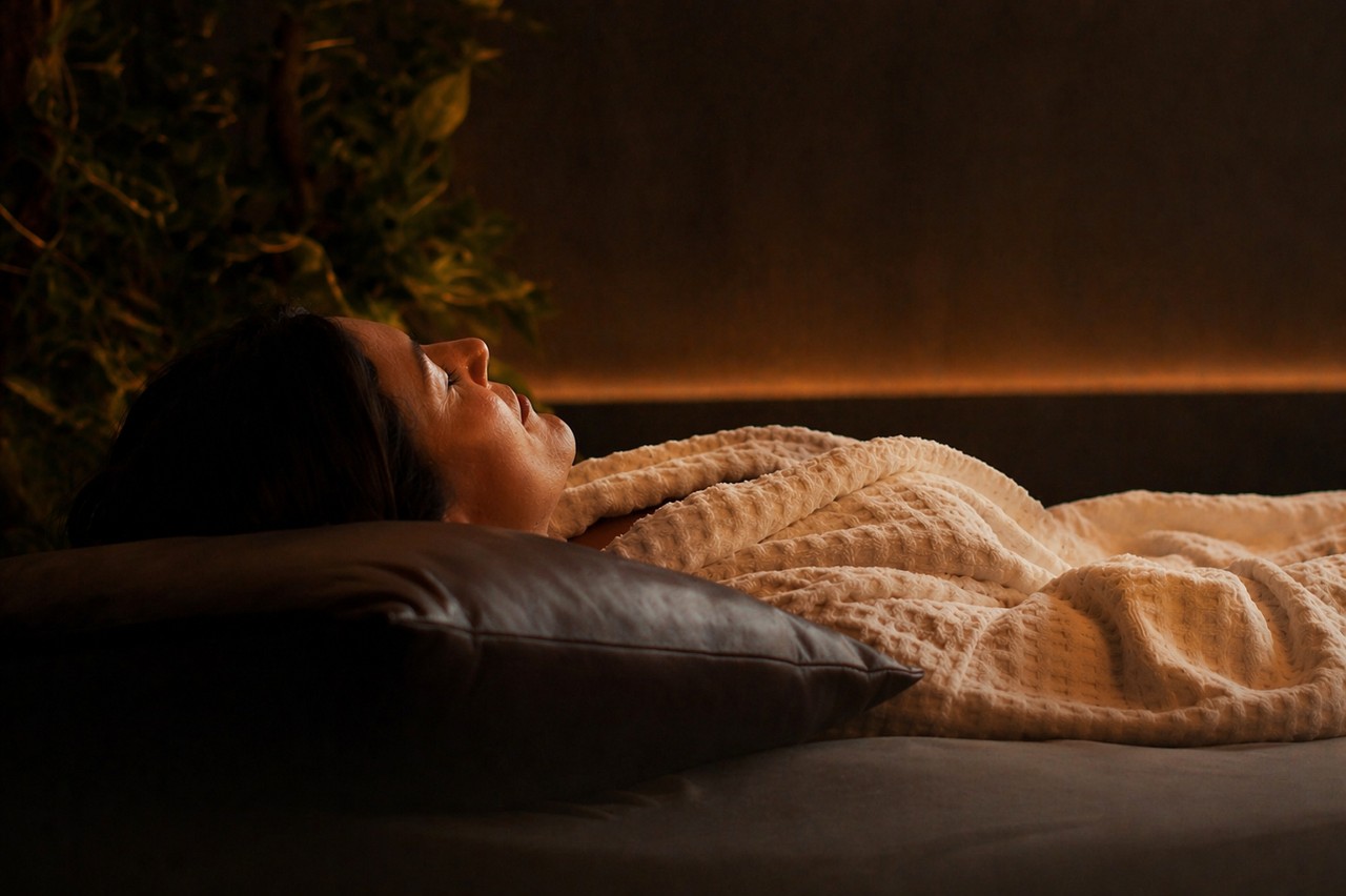 A lady laid down on a treatment bed receeiving a treatment.