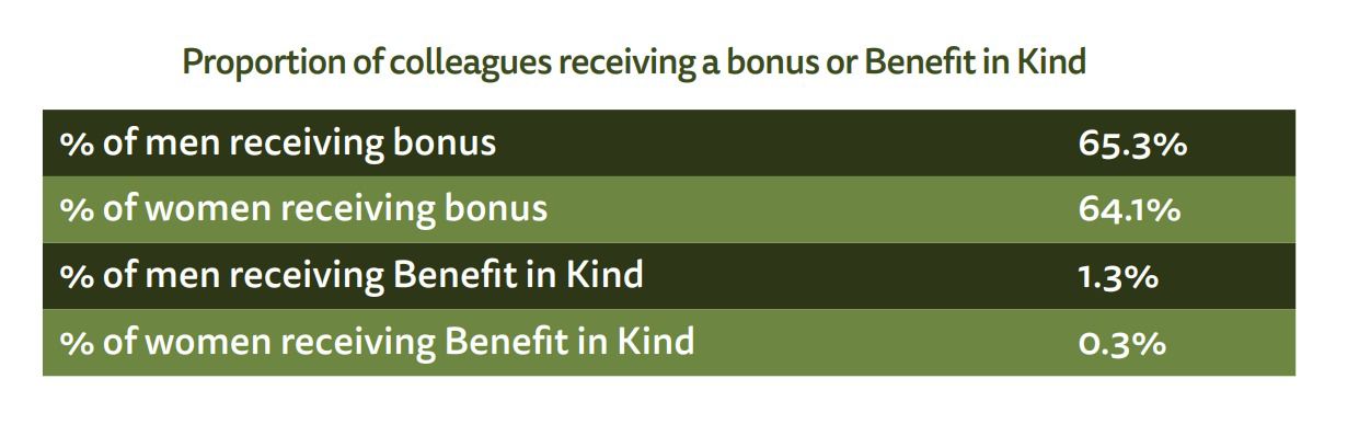 A table showing the proportion of men and women recieving bonus payments in kind. See text description of figure 2 for a full description of the image. See full dataset for all data.