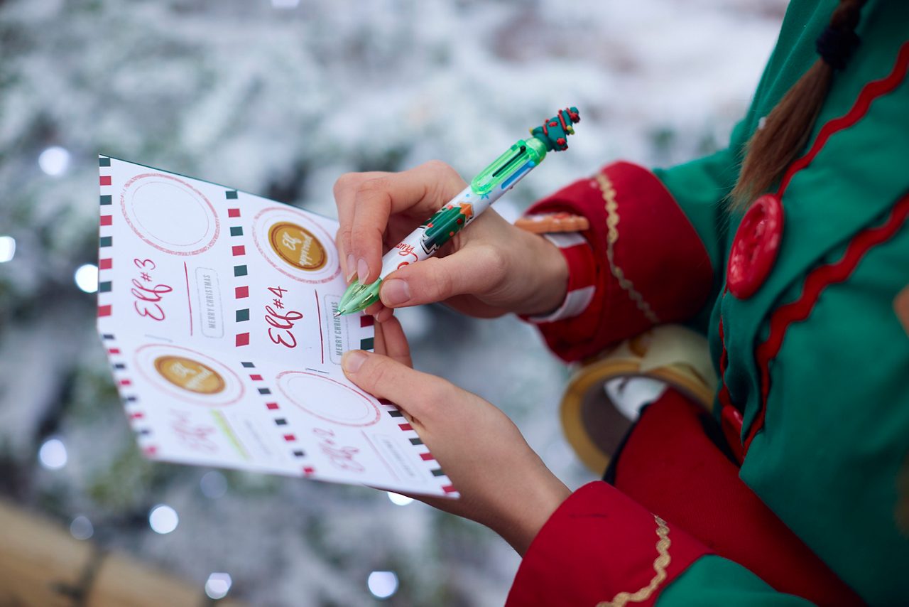 Elf writing in a small booklet.
