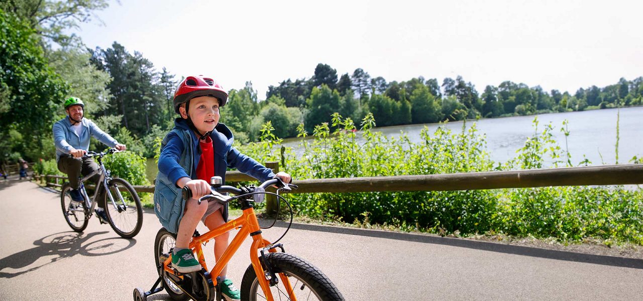 Boy cycling through the forest