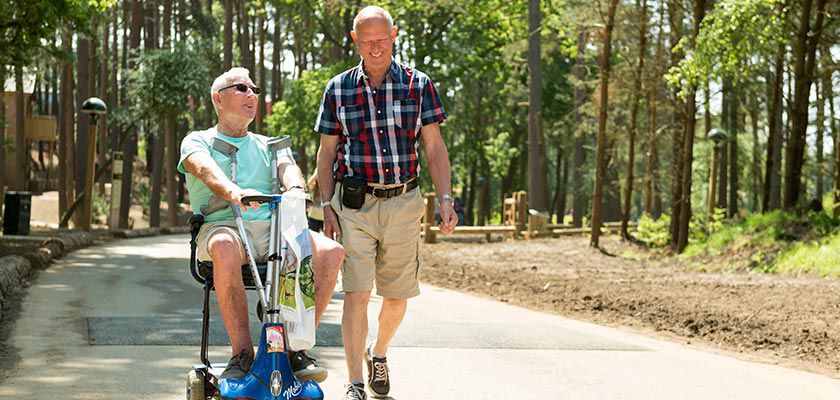 Man on a mobility scooter drives along a paved path while another person walks beside, conversing and smiling; tall trees and sunlight surround them in a wooded park setting.