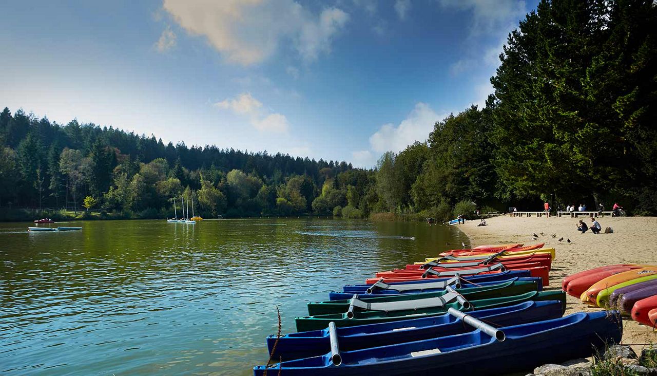 A row of colourful boats on the bank of the lake
