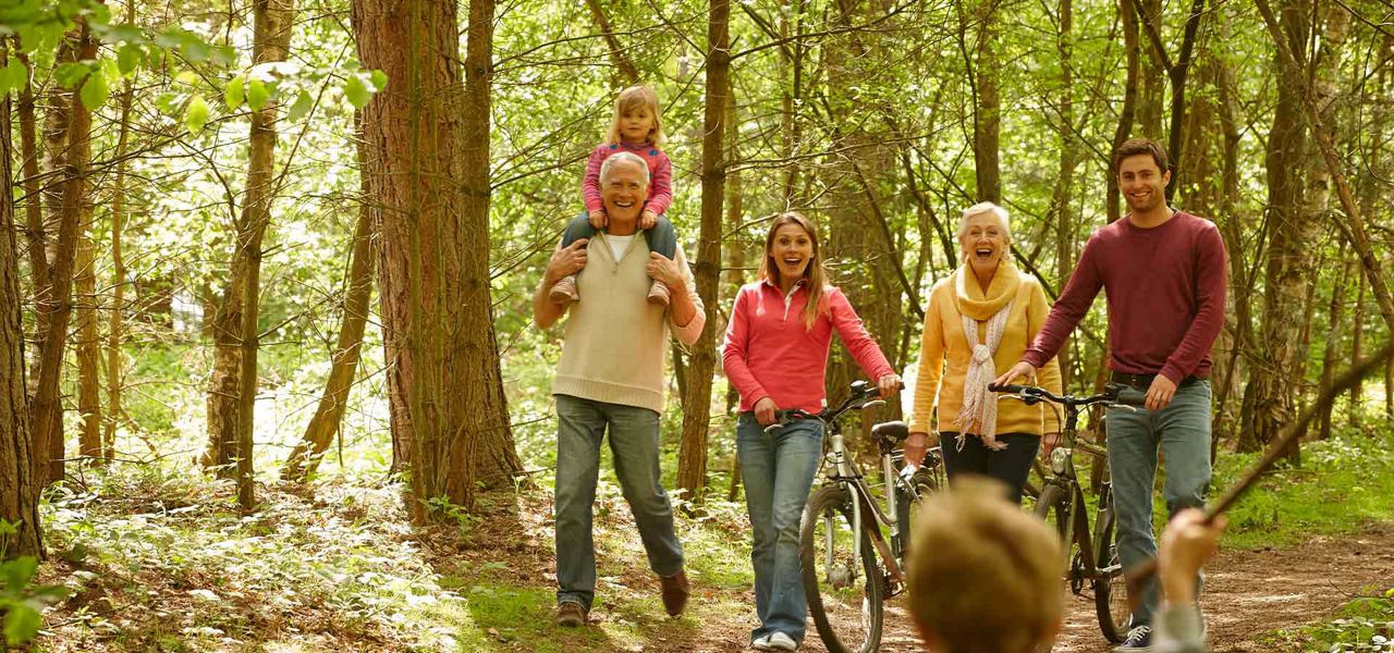 Group of people walk and push bicycles, smiling, along a sunlit forest path; an older man carries a child on his shoulders, while another child stands foreground holding a stick.
