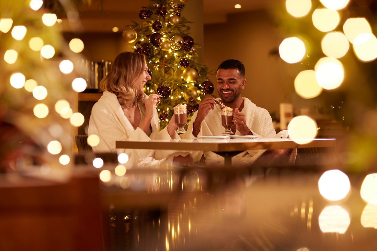 couple enjoying spa at christmas
