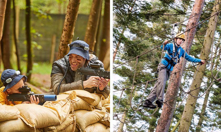 Two adventure scenes: people with hats laugh while aiming laser-tag guns behind sandbags; beside them, a harnessed climber carefully crosses rope bridges among tall trees in a forest.
