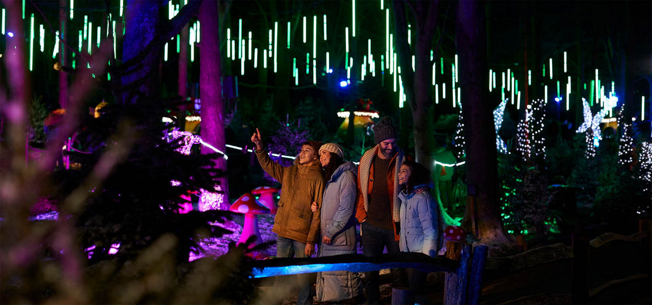 A family in the forest surrounded by fairy lights