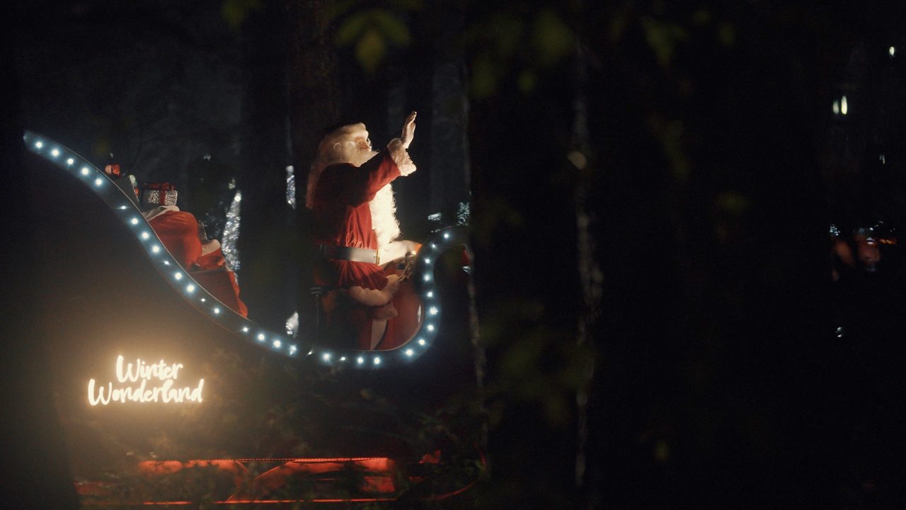 Santa on his sleigh, riding through the forest.